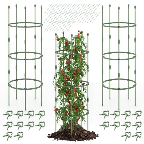COSTWAY 2/3 Pack Garden Plant Supports, Height Adjustable Metal Plant Cage with Plant Tie & Clips, Vertical Tomato Trellis for Climbing Plants Vines Flowers Vegetables (3 Pack, 154cm Tall)