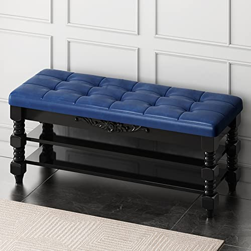 GArcan Schuhregal mit großem Fassungsvermögen für Flur, Schlafzimmer, Schuhbank aus Massivholz, 3-stufige Vintage-Polsterbank mit Ledersitz, Blau, 60 x 30 x 4 cm