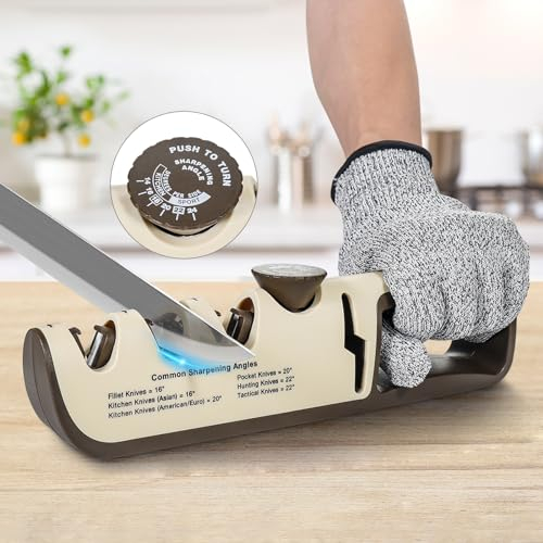 4 in 1 Manual Knife Sharpener with Scissors Sharpener, 6 Levels Adjustable, Ergonomic Handle for Kitchen Knives, Glove Included
