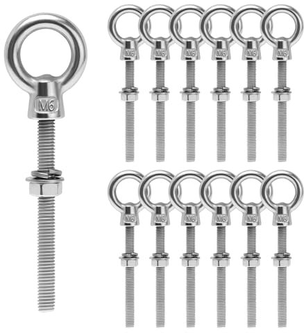 Sxutop 12 Piezas Tornillo de Anillo M6 de 304 Acero Inoxidable Perno de Ojo de Anillo de Elevación Tornillos de Cáncamo Pernos de Argolla para Fijación y Suspensión, con Tuerca y Arandelas (M6 X 60mm)