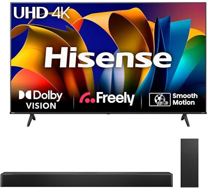 Hisense TV & Soundbar Bundle: 50E6NTUK TV with 4K Direct Lit, Quad Core 4K Processor Plus the HS2100 Soundbar with 240W Power, Surging Direct Sound