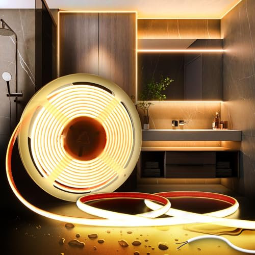 SUCIKORIO COB LED Streifen 5m, Silikon Wasserdicht Feuerfest IP65 Led Strip Selbstklebend Warmweiss 3000K 10mm Led Lichterkette Außen 24V Flexibler DIY Lichtband Ohne Netzteil für Badezimme, Küche