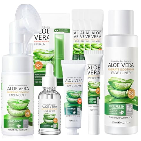 Skin Care Sets & Kits For Teenage Girls, 10PC Aloe Vera Skin Care Set, Skincare Set With Gel Mask,Face Serum,Cleansing Mousse,Hand Cream,Lip Balm,Eye Cream,Toner for Women Gifts