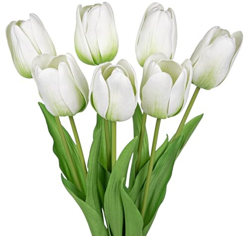 Oairse Artificial Tulips Flower 24 Long Stem 7pcs White Faux Tulips Flowers for Floral Arrangements Home Office Wedding Farmhouse Table Centerpiece Spring Decoration