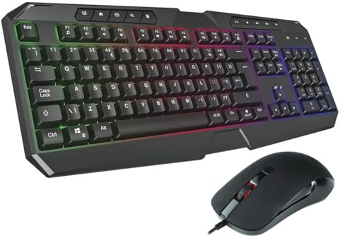 Gaming Keyboard and Mouse Set, USB Wired, 7 Rainbow Backlit Keyboard with Breathing RGB LED Light, UK Layout