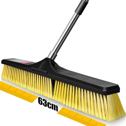 MASTERTOP Heavy Duty Garden Broom, 24.8in Outdoor Push Broom, Yellow | Extendable Stainless Steel Handle,Stiff Split PP Bristles,Yard Sweeping Brush for Wet Leaves,Gravel,Debris,Patio,Driveway