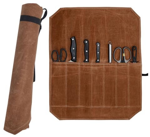 Cutlery Roll Case, Wet Waxed Canvas 7 Slots Kitchen Small Utensils Roll Storage Bag for Cooking Tools Utensils Cutlery Blades (Khaki)