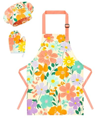 WERNNSAI Floral Kids Apron Set for Girls - Art Apron for Kids Waterproof Toddler Chef Cooking Aprons with Hat Oven Mittens Baking Painting Gardening Aprons Kitchen Classroom Art Smock Age 6-10 Years