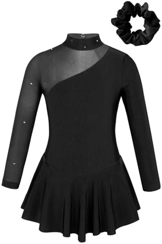 Freebily Abito da Pattinaggio Artistico Bambina con Fascia Vestito Danza Classica Ballerina Manica Lunga Abito da Balletto Ballo Latino Lirico Body Ginnastica Ritmica Nero 11-12 Anni