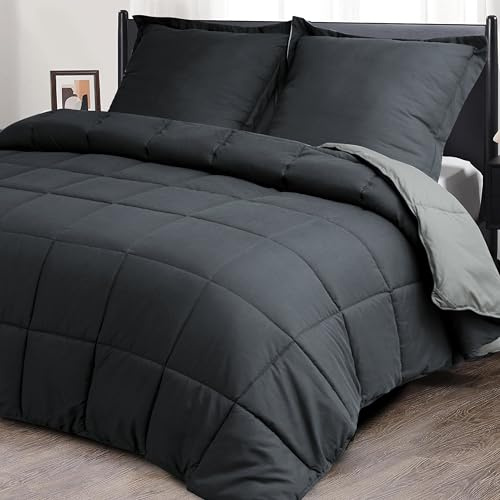 HIG 3 pièces Couette 220x240 cm pour lit 2 Personne – 200GSM Microfibre Douce Couette Réversible avec 2 Taie d'oreiller 65x65 cm – Certifié Oeko-TEX Matelassée pour Les 4 Saisons(Gris)