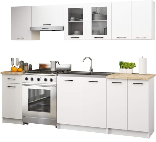 AKORD Küchenmöbel-Set OLIWIA 2.4m Modulares 240 cm 11 Türen 1 Schublade, Küche Komplett, Kitchen Cabinet Set, Küchenschränke, Standschränke, B240xH203xT46 cm, Weiß & Weiß