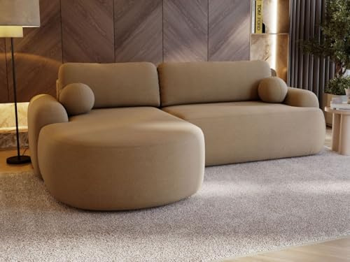 GRAINGOLD Aurio Ecksofa mit Schlaffunktion & Bettkasten 261x177 cm, L-Form Sofa mit Stauraum, Schlafcouch für Wohnzimmer, Bouclé-Stoff, 3-Sitzer Eckcouch, Modernes Design (Hellbraun, Links)