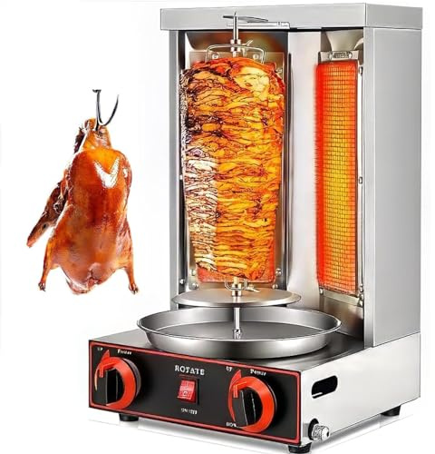 DDZJTPP Gas Vertikaler Broiler Dönergrill,Hähnchengrill,Gyrosgrill,Vertikalgrill,Drehgrill mit Drehspieß Kebab Maschine Automatisches Spinnen Grill für Restaurant Wohnküche,Silver