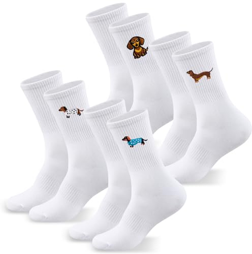 Jadive 4 Paar Lustige Socken mit Motiv | Dackel Bier Pizza Burger, Fahrrad Katze Pferde Bienen, Baumwolle Bestickte Tennissocken, Geschenke Damen Herren Weihnachten