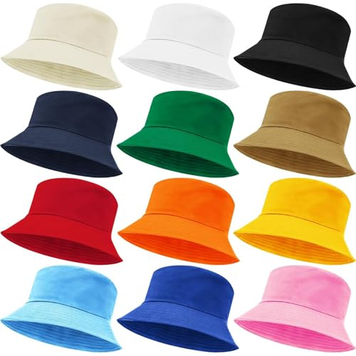 TESIN 12 Stück Fischerhüte Bucket Hat Unisex, Faltbar Baumwolle Fischerhut | Outdoor Reise Strandhut, Freizeithut Sommermütze Herbst Camping Reisen Wandern