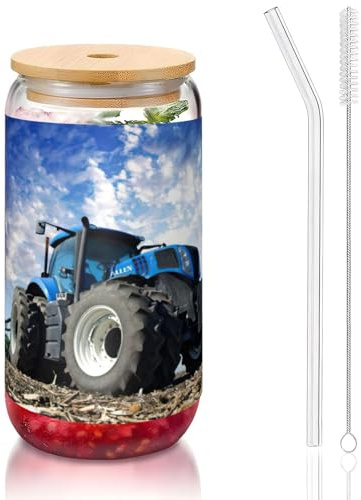 MDATT Vasos de agua con impresión de tractor agrícola de 16 onzas con tapas y popotes, bonitos vasos de agua para jugo, cerveza, café, té