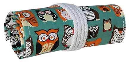 ARTSEWPLY Handgefertigtes Stifteetui Rollenmäppchen mit Eulenmotiv 48 Fächer Strapazierfähiges Canvas Grün Rollbarer Stiftehalter für Schüler Schule Zeichnen