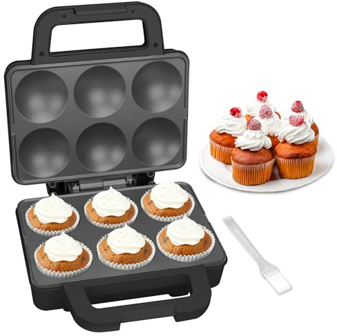SugarWhisk 6-Count Cupcake Maker Machine, Bakes 6 X 2.5 Inch Cupcakes, Muffins, Pizza Cups, Cinnamon Buns, Cool-touch Handle, Non-stick Coating, Recipe Included, Graphite