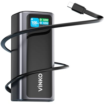 VINKO Powerbank 20 000 mAh 130 W Charge rapide avec câble USB-C rétractable intégré, batterie externe de téléphone portable compatible avec ordinateur portable, iPhone 16/15 Pro Max, Galaxy S24 Ultra