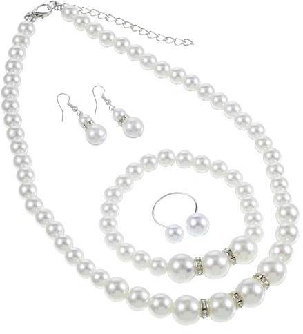 FdcLixuvol Nachahmung Perlen Halskette Necklace Armbänder Bracelet Ohrringe Schmuck Sets für Damen Weiß Perlen Hochzeit Brautschmuck