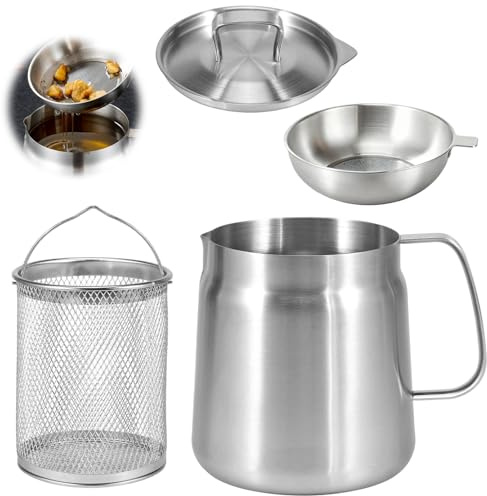 304 Stainless Steel Deep Fat Fryer, 2L Oil Strainer Jug with Filter | Chip Pans with Basket and Lid, Bacon Grease Container, For Kitchen, Camping, Cooking, Dishwasher Safe
