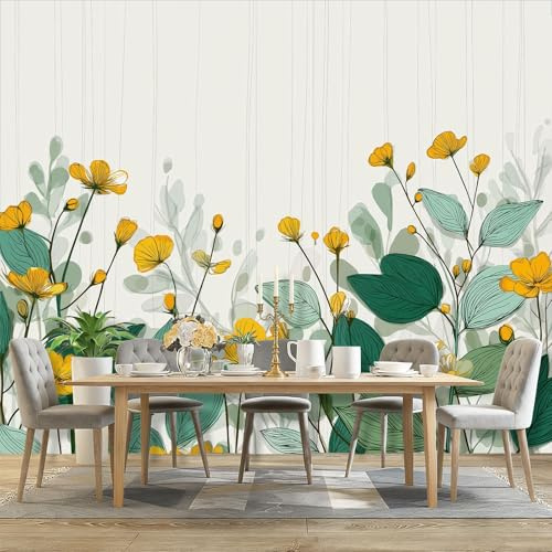 Carta da parati fotografica Colore Chiaro - 200 x 140 cm Gigante Poster murale pour soggiorno camera da letto Decorazione, Acquerello Fiori Gialli Foglie Tema Carta da parati non tessuto