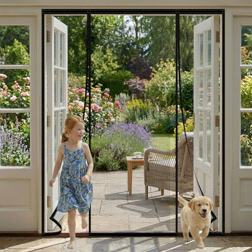 Magnetic Double-Door Fly Screen, Anti-Mosquito Mesh Curtain Door, Heavy-Duty Self-Sealing with Powerful Magnets & Full Frame Hook and Loop Fastener, No Drill Installation,155x210cm, Black
