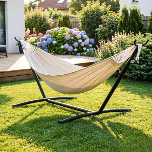 GarveeMore Doppelhängematte mit Gestell, Hängematte 2 Personen Outdoor & Indoor, Tragbare Hängematte bis 200 kg, Hängemattengestell für Garten und Balkon inkl. Tasche, Beige