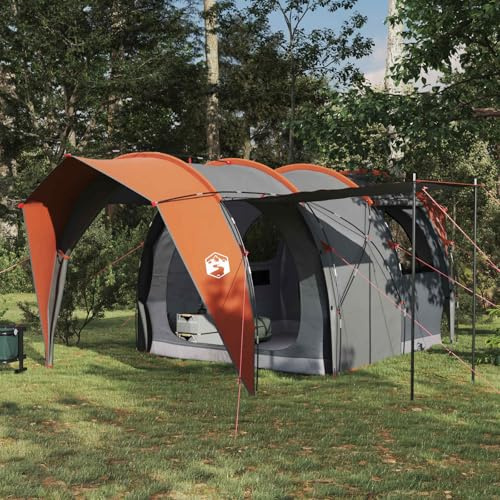 Tunnelzelt, grau und orange, 382 x 262 x 214 cm, Polyester 185T mit PU-Beschichtung, Stahlrahmen, Netzfenster, Innentasche, ideal für Familien-Camping