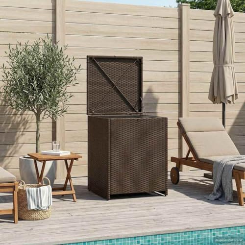 Ordellia Caja de cojín de acero con ratán sintético, 55 x 55 x 69 cm, resistente al agua, 4 patas ajustables, para jardín, terraza, balcón, espacio de almacenamiento para cojines y cojines