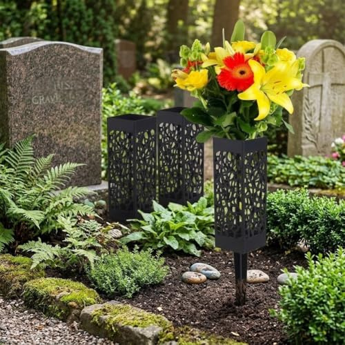 Juego de 2 soportes negros para flores de tumba, jarrones cónicos y cuadrados de ABS para monumentos de cementerio, estacas florales resistentes a la intemperie para homenajes de jardín, 42 cm (estilo