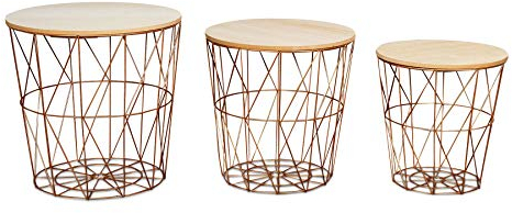 levandeo 3er Set Beistelltisch Metall Metallkorb Drahtkorb Kupfer Couchtisch Deckel Aufbewahrung Design Deko Tisch