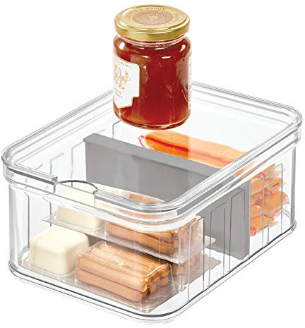 iDesign Contenitore frigo con Scomparti Regolabili, Piccolo Contenitore Trasparente in plastica Senza BPA, Contenitore Cibo (21 cm x 16 cm x 9,6 cm), Trasparente/Grigio