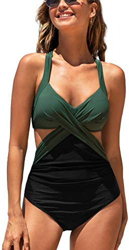 CUPSHE Damen Badeanzug Wickel Push Up Bademode Raffung Bauchweg Cut Out Einteilige Strandmode Swimsuit Grün/Schwarz M