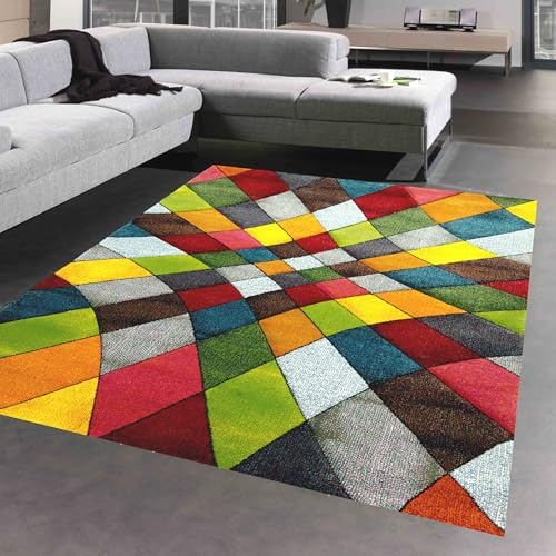 CARPETIA Teppich Wohnzimmer modernes buntes Rautenmuster Design orange gelb grün - pflegeleicht Größe 60x110 cm