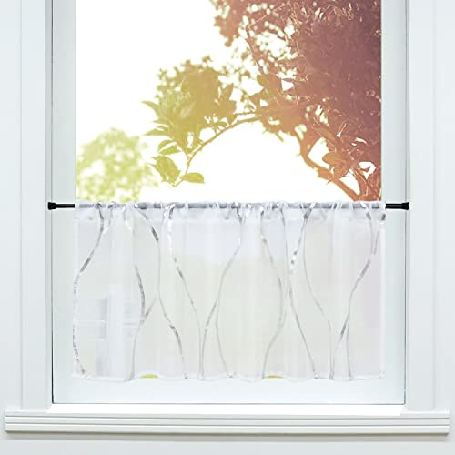 SCHOAL Scheibengardine mit Tunnelzug Gardinen Küche Modern Bistrogardinen Voile Stores Fenstergardine Weiß mit Wellen Muster Silber #1 BxH 120x30cm 1 Stück