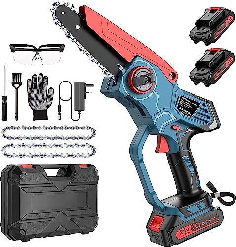 undreem Mini Chainsaw 6 Inch, Cordless Electric, Battery Handheld Portable for Wood Cutting Tree Branch Trimming Gardening, with 2 Batteries, Chains, Security Lock, Oiler System (SJ-YY09-UK-BL-ZX-CP)