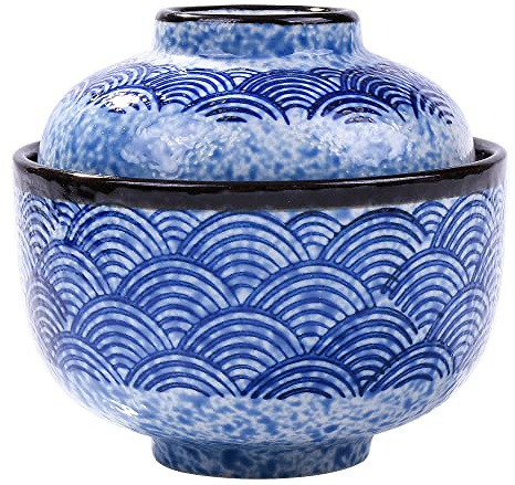 Ceramic Stew Pot with Lid, 8.5oz Blue Wave Small Single Serving Soup Bowl