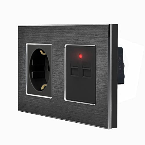 Luxus-Time Steckdose mit 2-Fache USB dose im zweifachen Aluminiumrahmen für die DE Unterputzdose Einbau Steckdose 2x USB-Dose zum aufladen von Smartphones Tablets PC uvm in schwarz LXBA2-12-71-2USB-12