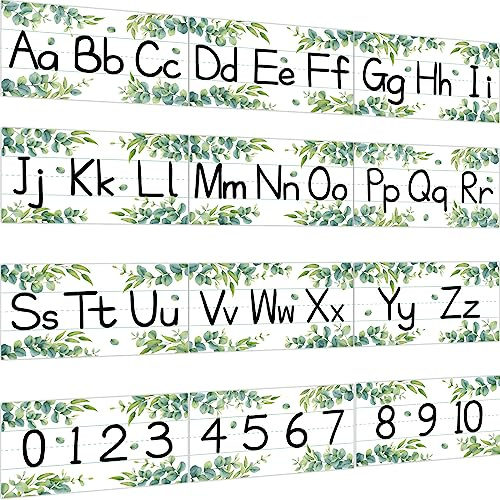 Set di 12 strisce per bacheca dell'alfabeto, motivo con lettere dell'alfabeto, striscioni e numeri, per scuola materna, aula, camera da letto, sala giochi (eucalipto)
