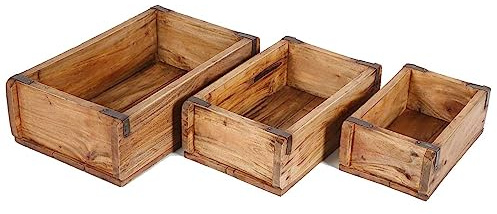 Pflanzenbox Gino 3er Set Ziegelform Aufbewahrungsbox Vintage Holzkiste aus recyceltem massiv Teak Holz mit Metallbeschlägen