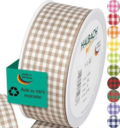 Halbach Vichy-Karo-Geschenkband, 40 mm x 25 m, leinen | Kariertes Geschenkband, Made in Germany und Öko-Tex 100 zertifiziert, waschbar und wetterfest zum Verpacken und Dekorieren