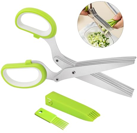 Tijeras para hierbas, hoja de 5 capas, tijeras de cebollino de acero inoxidable de 19 cm de largo y 8 cm de ancho, tijeras para verduras, equipadas con un peine de limpieza y un casco de protección