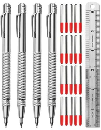 Anreißwerkzeug Metall- 4 Stück Wolframcarbid Stift, 20 Ersatz Red Hat Markierspitzen, 1 Stahllineal Anreißwerkzeuge, Anreißnadel Hartmetall mit Magnet für Glas Metallblech Keramik Gehärteten Stahl