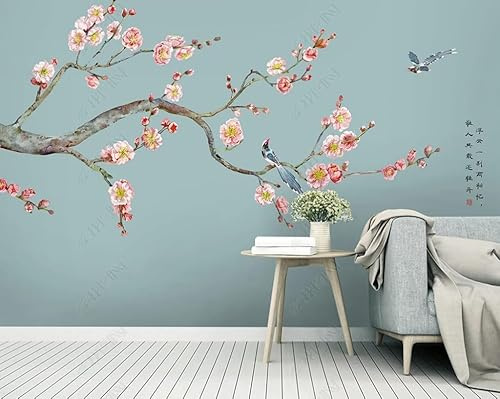 Carta Da Parati 3D Fiore Di Pesco Pittura A Pennello Fine Di Fiori E Uccelli Fotomurale Tessuto Non Tessuto Murali Soggiorno Camera Da Letto Decorazione Murale 150(W) X105(H) Cm