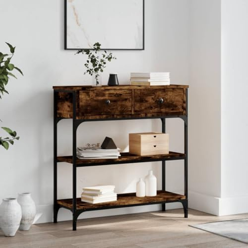 FENLAX Konsolentisch mit Schublade 72,5x25x75 cm Beistelltisch mit Schublade Telefontisch Holz Flurtisch mit Schublade Sideboard Konsolentisch mit Ablagen Holzwerkstoff&Metall Räuchereiche