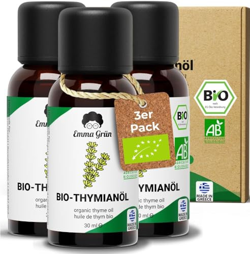 Emma Grün® Bio Thymianöl [100% Naturrein] - Ätherisches Öl 3x 30ml - Würzig-Frisches Thymian Öl zum Einnehmen - Ätherische Öle aus Bio Thymian in LEBENSMITTELQUALITÄT - Essential Oils Aus Griechenland