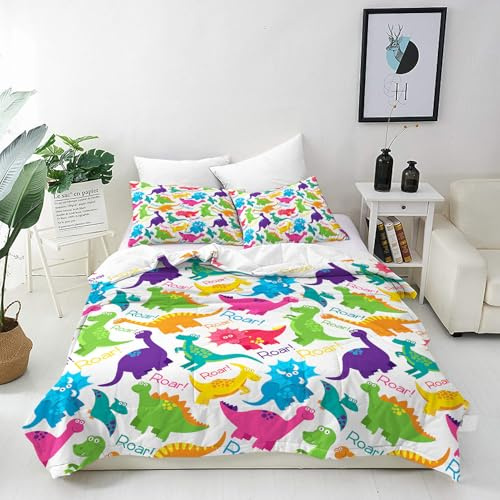ANHOPE Dinosaur Duvet Cover Set Soft Comforter Cover Set Cute Cartoon Animal Dino Print Pattern 3 Piece Bedding Set with 2 Pillowcases All Season Quilt Cover with Zipper Closure Single