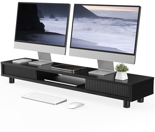 Fenge Dual Monitorständer 108cm Großer Bildschirmständer mit 2 Glas-Schiebetür Höhenverstellbarer Monitorständer für Computer/Laptop/TV, Tragfähigkeit 50KG (Schwarz)