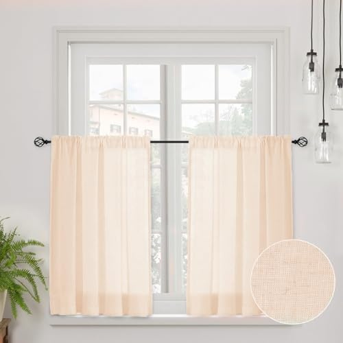 CUCRAF Scheibengardine Küchengardinen Bistrogardine 2er Set Natur Leinen H 60 x B 90 Beige Halb Transparent Stores Gardinen Fenster Leinenvorhang Gardinenschal